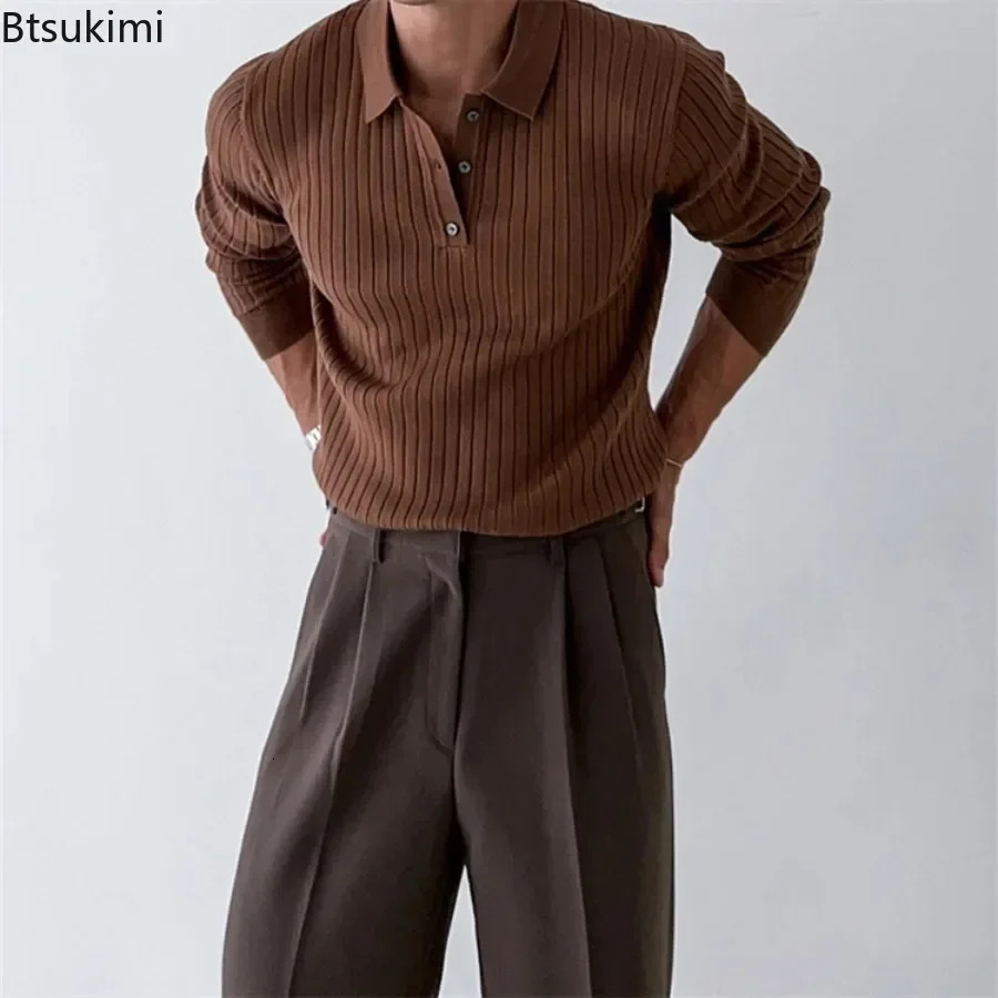 2025 Mens Knitted Polo Shirt Fashion Striped Long Sleeve Collar Top Korean Solid Slimming Casual Knitted Sweater 250103