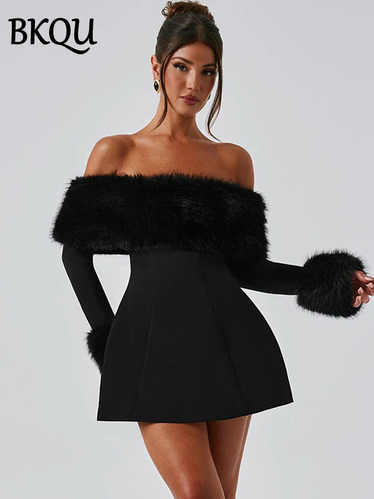 BKQU Strapless Fluffy Patchwork Mini Dress Women Fashion Off Shoulder Long Sleeve Slim ALine Dresses Ladies Evening Party Gown 250103