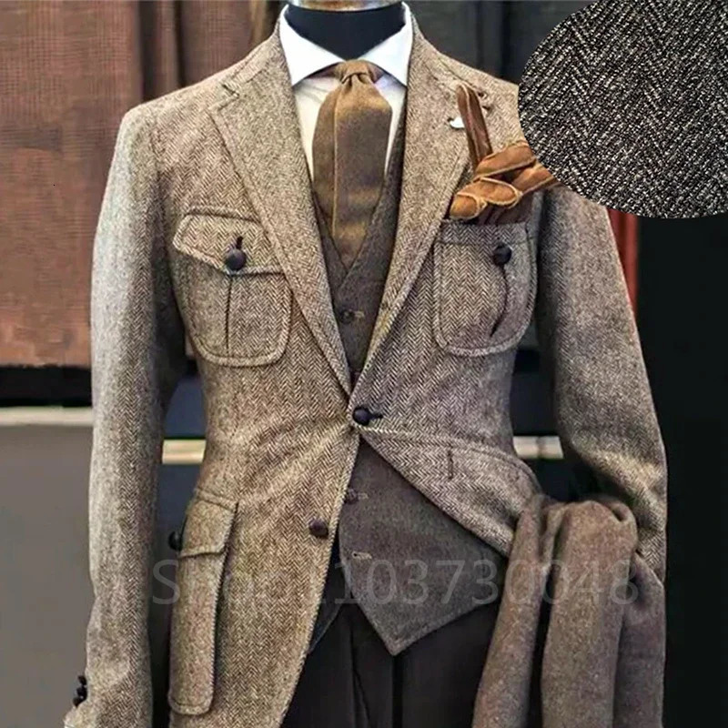 Mens Suit Brown Herringbone Blazer Tuxedos Only Coat Wool Tweed Single Breasted Formal BussinessWedding Prom Jacket 250103