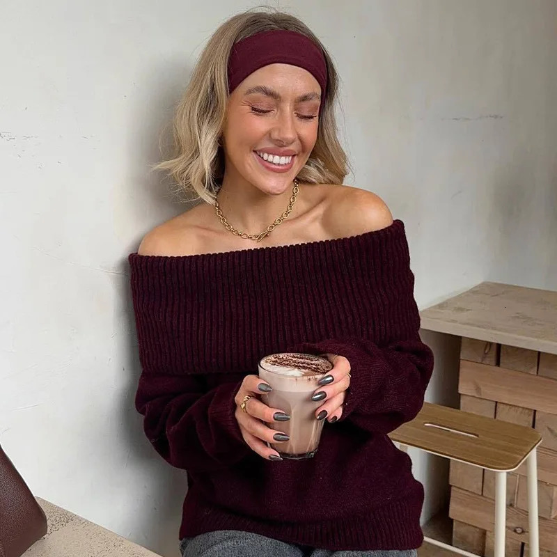TRAF Womens Sweater OffShoulder Knitwear Pullover Burgundy Long Sleeve Top Jumper Oversized Sweaters Christmas Jersey 250103