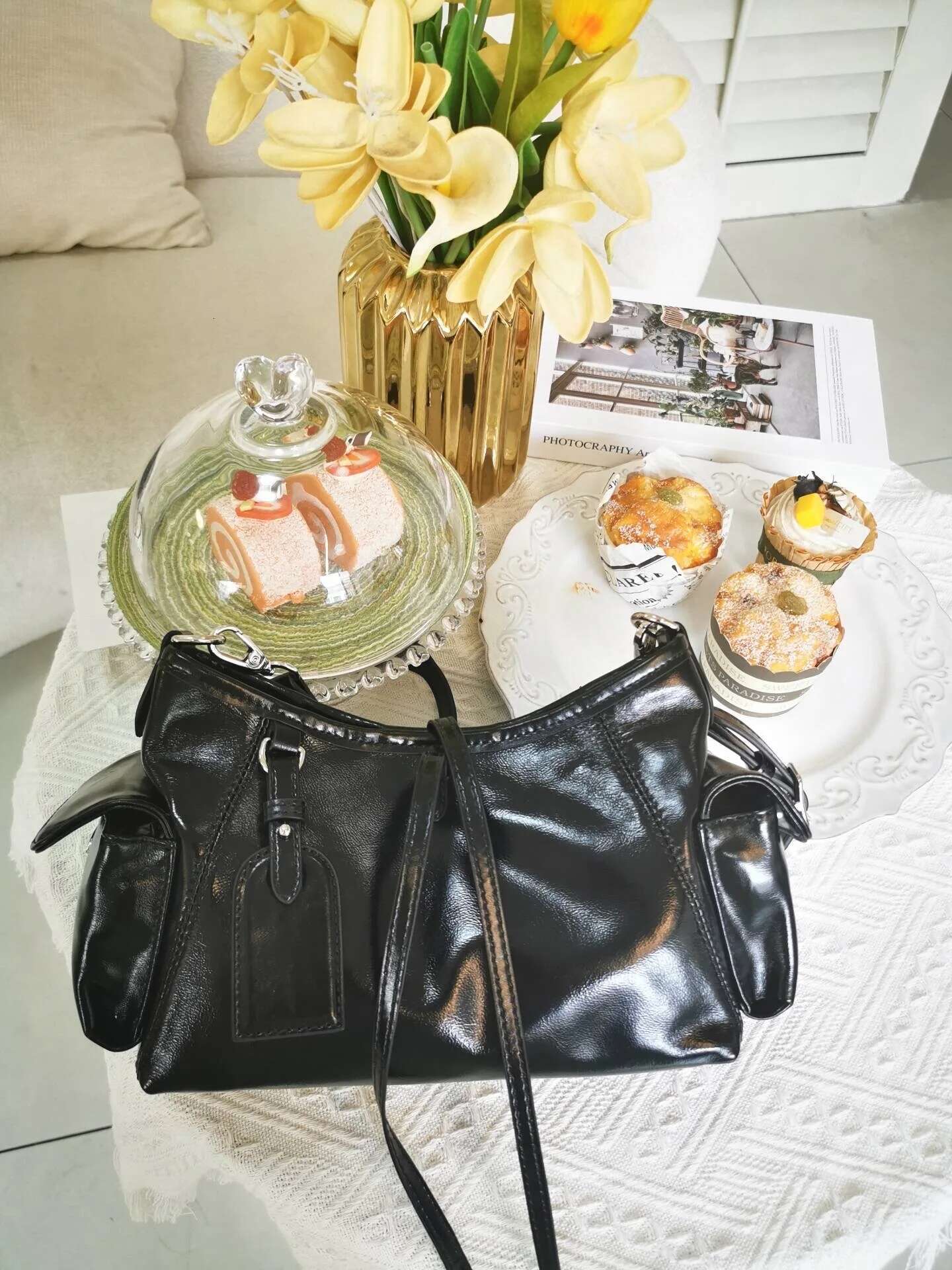 Genuine Leather Women's Black Warrior Design Fashion Bag 2025 New Tote Carryall Shoulder Crossbody Bag