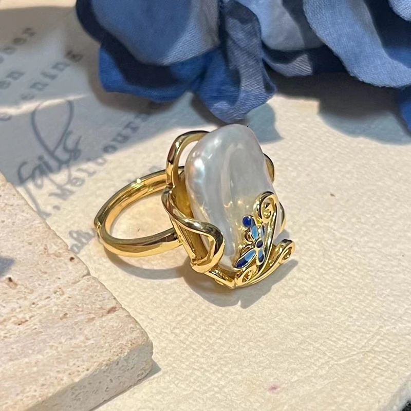 Natural Freshwater 14-20mm Baroque Square Shaped Pearl Ring with Adjustable Size 14k Gold Filling for Womens Vintage Jewelry 250102