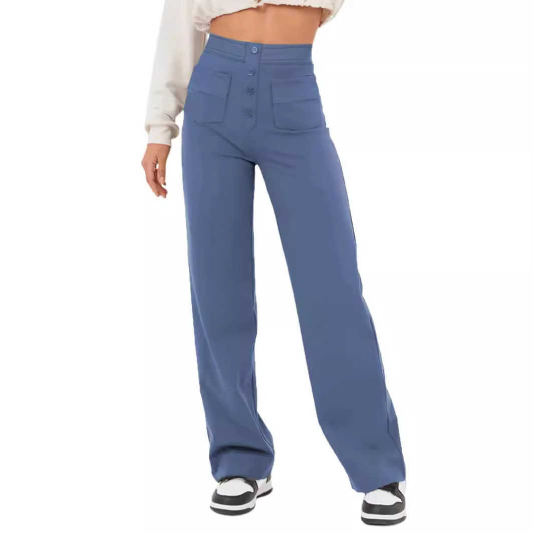 2023 Fashionable New Womens Casual Straight Leg Pants with High Waist Button Elastic Belt and Multiple Pockets