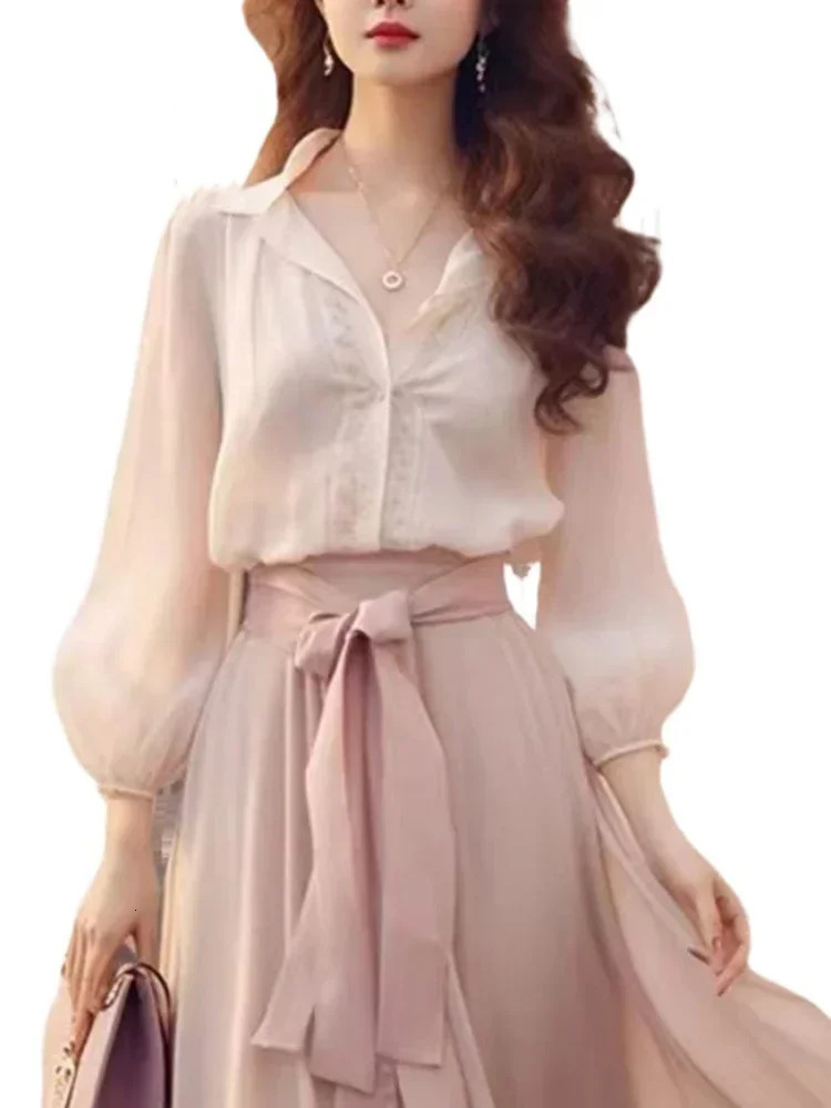 Elegant Retro French Womens Fashion Lace Up Long Sleeved Dress Spring Sweet Beach Party Pink Women Two Piece Chiffon 250103