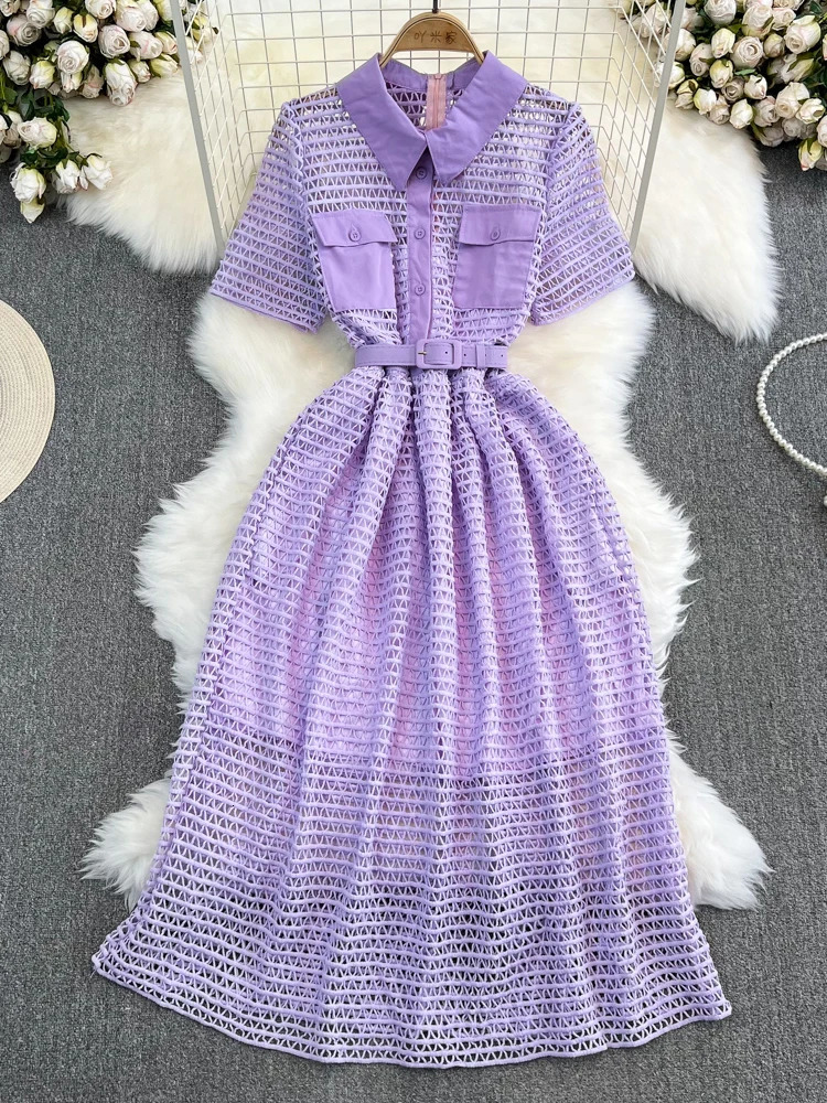 XFPV Elegant Pockets Lapel Collar Slim Pockets Dress Women Leisure Perspective Belt Vestido 2025 Summer Fashion SM6666 250103