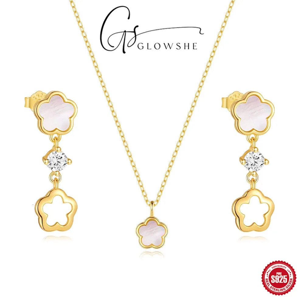 Glowshe 925 Sterling Silver Zircon Shell Flower Earrings Necklace Party Fine Jewelry Set Womens Elegant Accessories 250102