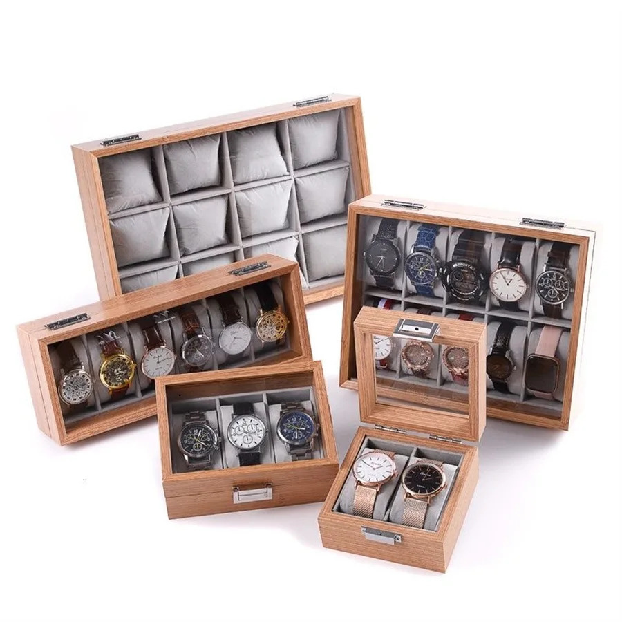 Classic bamboo case with glass cover jewelry dustproof storage box watch collection box desktop organizer 250102