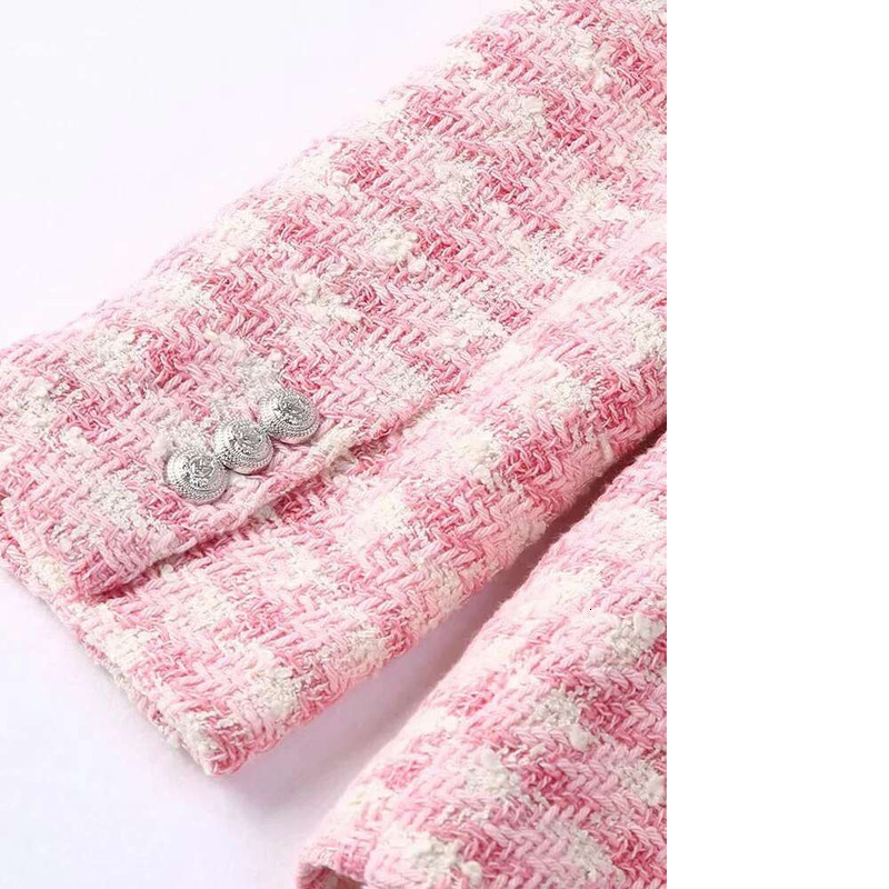 Klacwaya Jacket Pink Plaid Blazer Women Clothing Office Casual Tweed Blazers Double Breasted