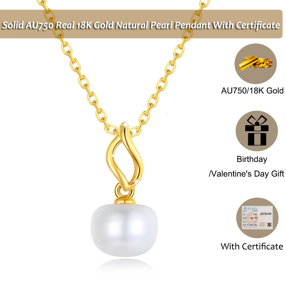 18K Gold Necklace Pendant Round Natural Freshwater Pearl AU750 Yellow Gold Pendant Womens Fine Jewelry Gift With Certificate 250106