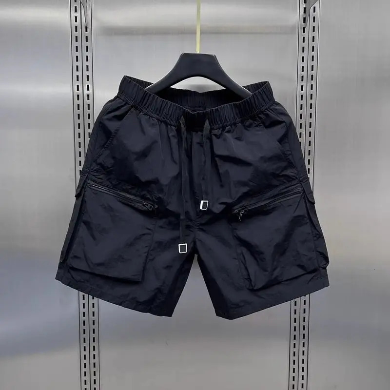 Mens retro multi pocket cargo shorts summer thin and loose straight casual jacket hat solid color drawstring shorts 241230