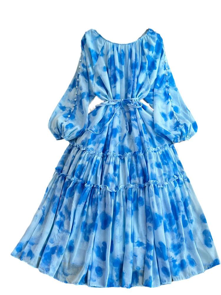 XFPV Women High Waist Mid Length Printing A-line Dresses Lantern Sleeve O-Neck Temperament Vestidos Spring Summer 2025 SM9853 250103