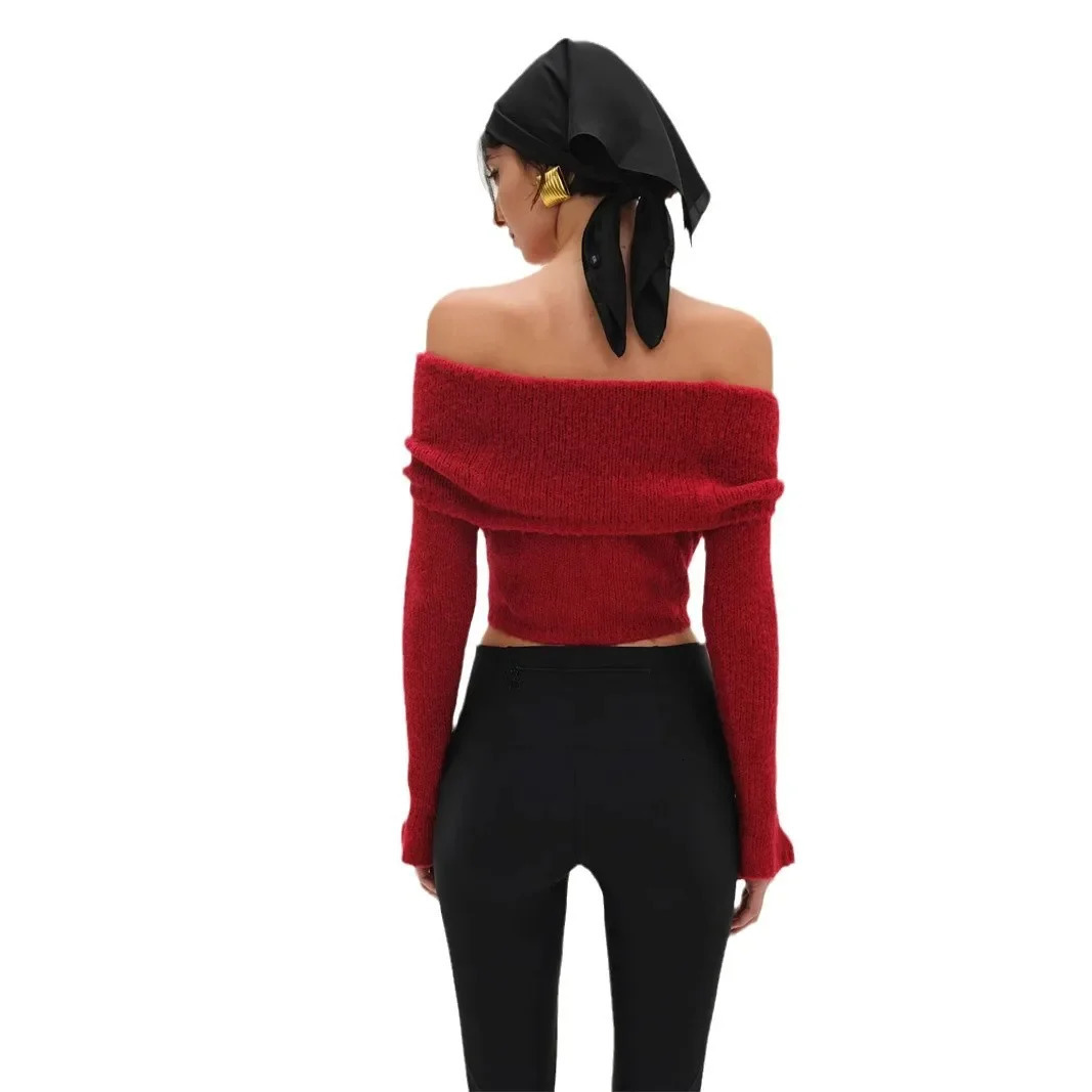 Red One Shoulder Lapel Off Knitted Sweater Top Handmade Flower Autumn and Winter for Women 250103
