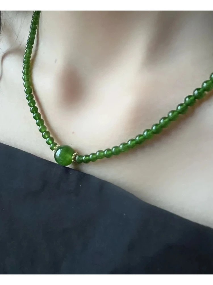 est Natural Hetian Jade Green Super Small Rice Bead Necklace Yang-Green Exquisite Clavicle Chain Pendant Jewelry 250106
