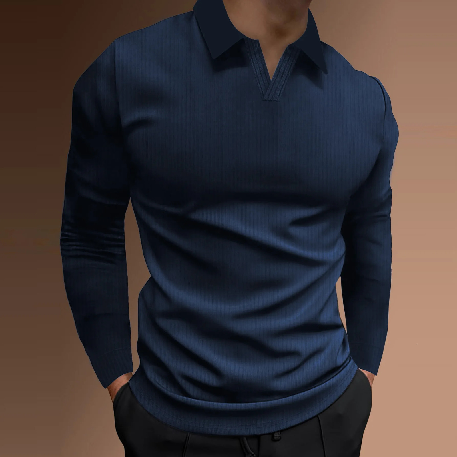 Mens Autumn Fitness Business Casual Standing Collar Long Sleeve Vertical Strip V-neck Polo Shirt 241224