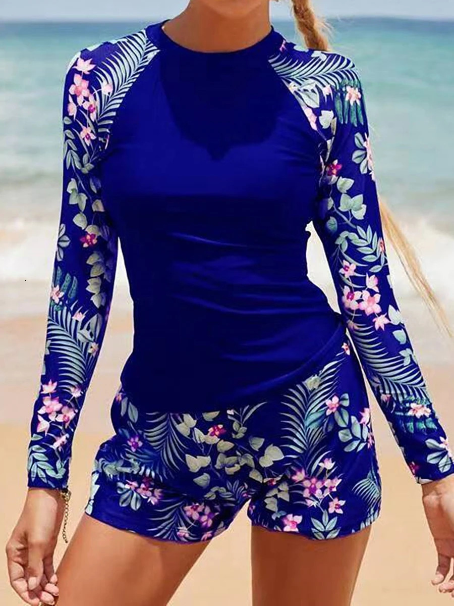 Long Sleeve Surfing Swimsuit Print Swimwear Women Two Pieces Diving Clothes Beachwear Bathing Swimming Swim Suit 250106