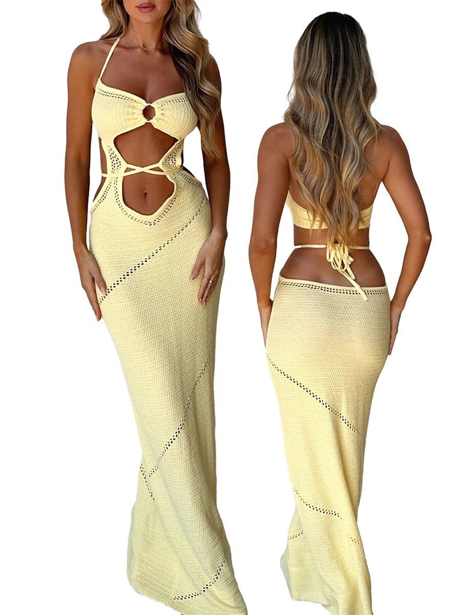 Womens Sleeveless Knit Long Dress Summer Halter Front Cutout Open Back TieUp Slim Fit Bodycon Dresses for Beach Vacation Club 250103