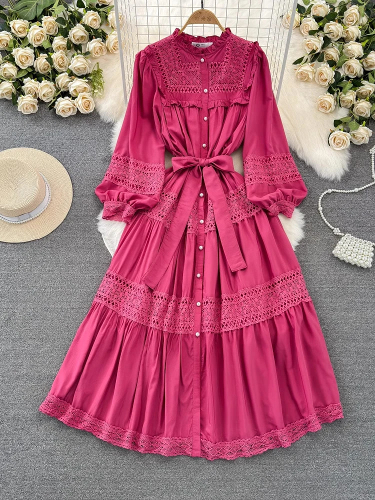 XFPV Women Sweet Temperament Lantern Sleeved Stand Collar Waistband Slim A-line Hollow Out Dress Vestidos Summer 2025 SM112 250103