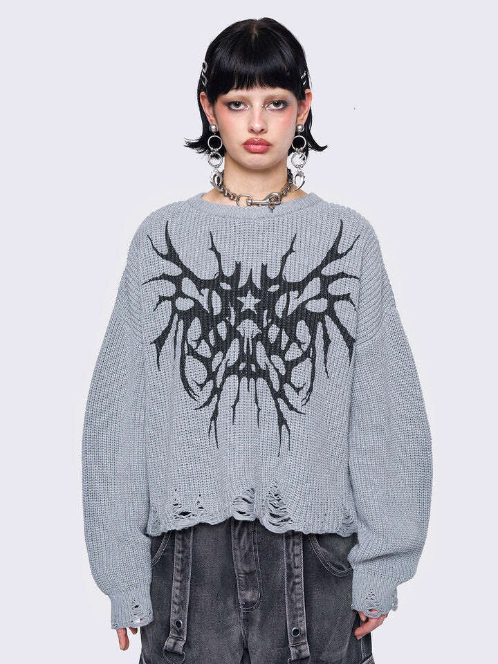 Ins knitted totem pattern jacquard round neck long sleeved high street loose sweater y2k