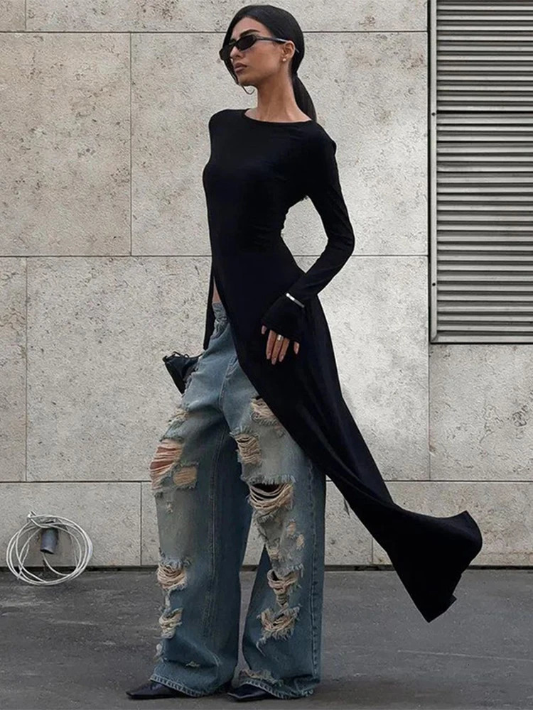 Trendix Black Asymmetrical Maxi Dress For Womens O Neck Long Sleeve Trendy Chic Top Club Party High Side Slit Dresses Autumn 250103