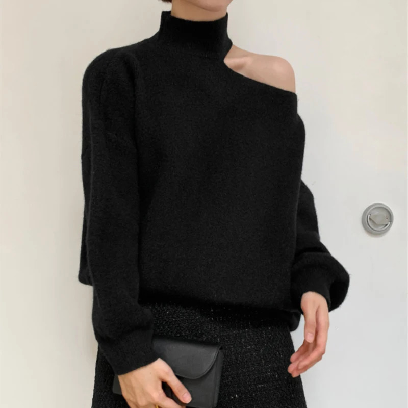 Women Hollow Out Sexy Sweater Turtleneck Long Sleeve Knitted Pullovers One Shoulder Causal For Autumn Winter 250103