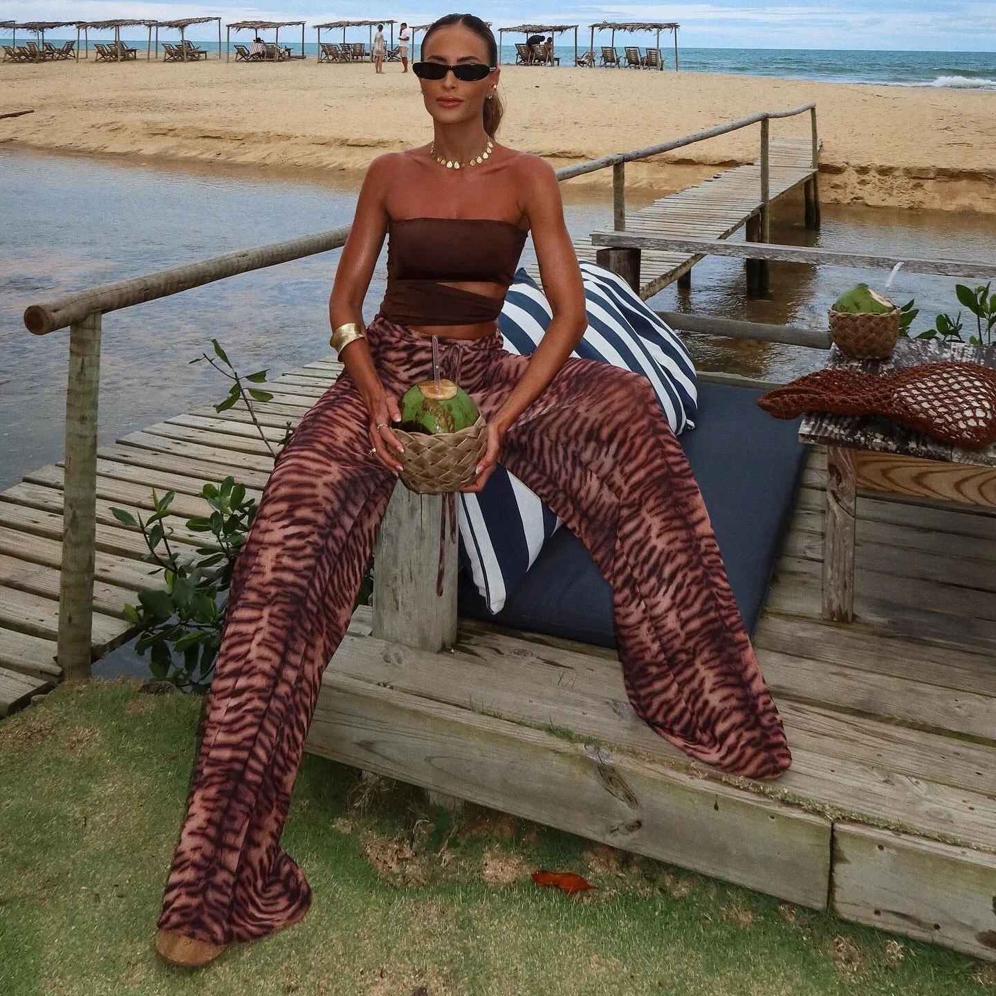 2Pcs Hollow Out Swimsuit With Beach Pants Women Female Swimwear Biquini Leopard Printed Swim Suits Bodysuit Beachwear 250106