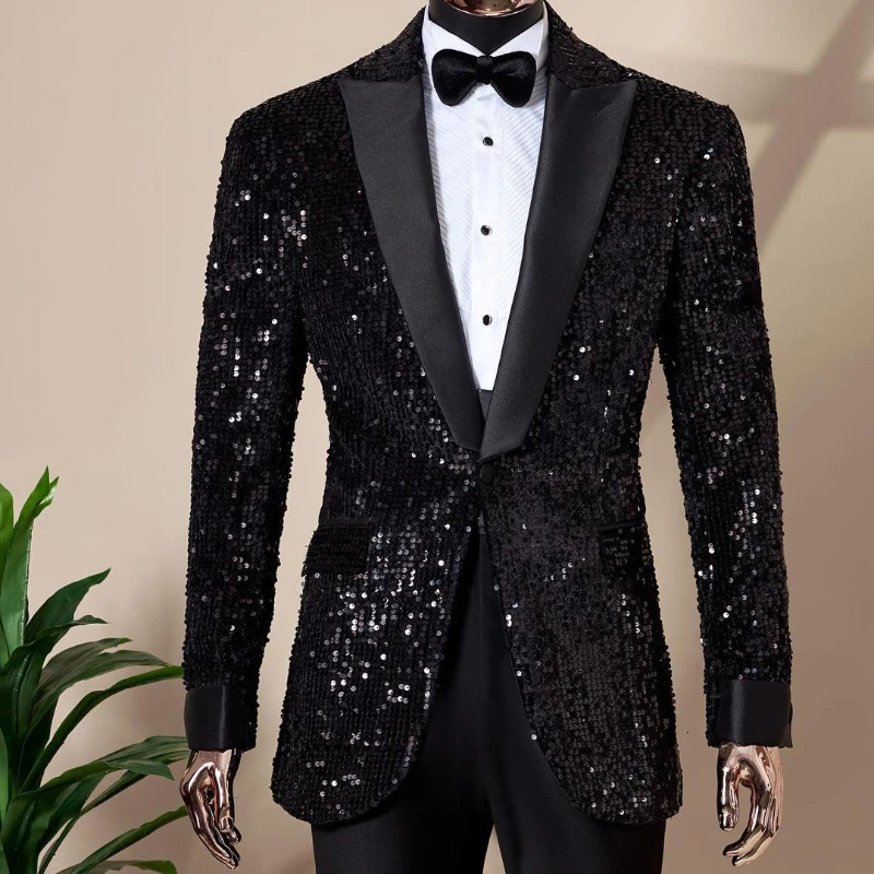 Shining Sequins Men Suits Tuxedo Slim Fit Notched Lapel One Button Blazer with Pants 2 Pcs Tailored Groom Wedding Party Jacket 250103