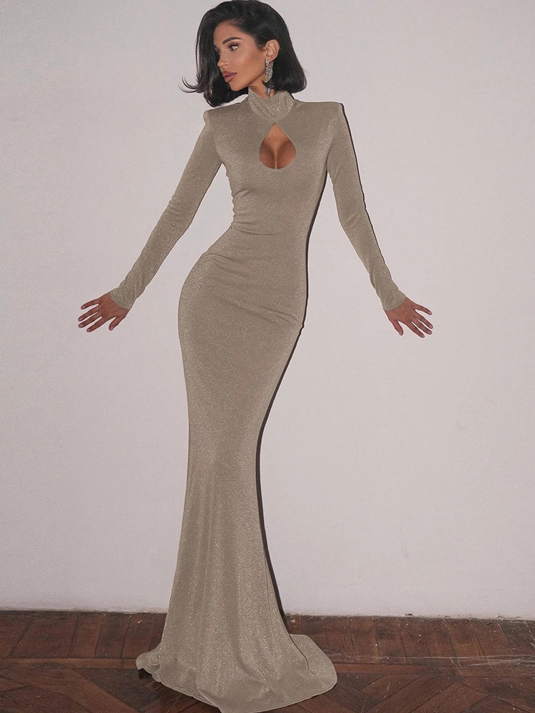 JULISSA MO Turtleneck Glitter Bright Silk Women Maxi Dress Black Hollow Out Long Dress Spring Skinny Elegant Party Evening Dress 250103