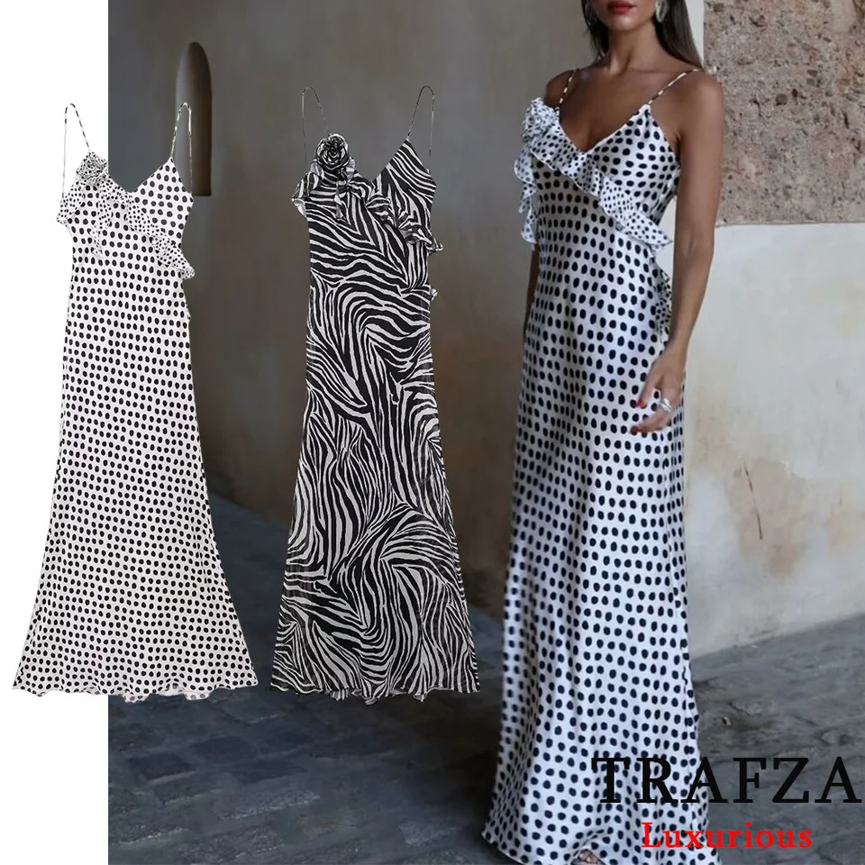 TRAFZA Sexy Dot Print Satin Long Dress Women V Neck Ruffles Backless Fashion Summer Elegant Party Beach 250103