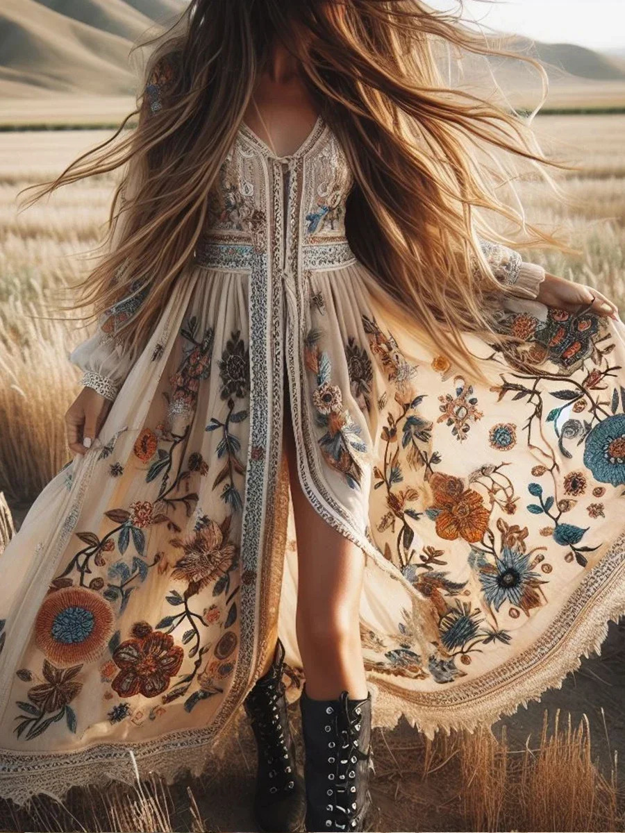 Bohemian womens lace patch work long skirt with floral and plant patterns V-neck long sleeved womens clothing 250106