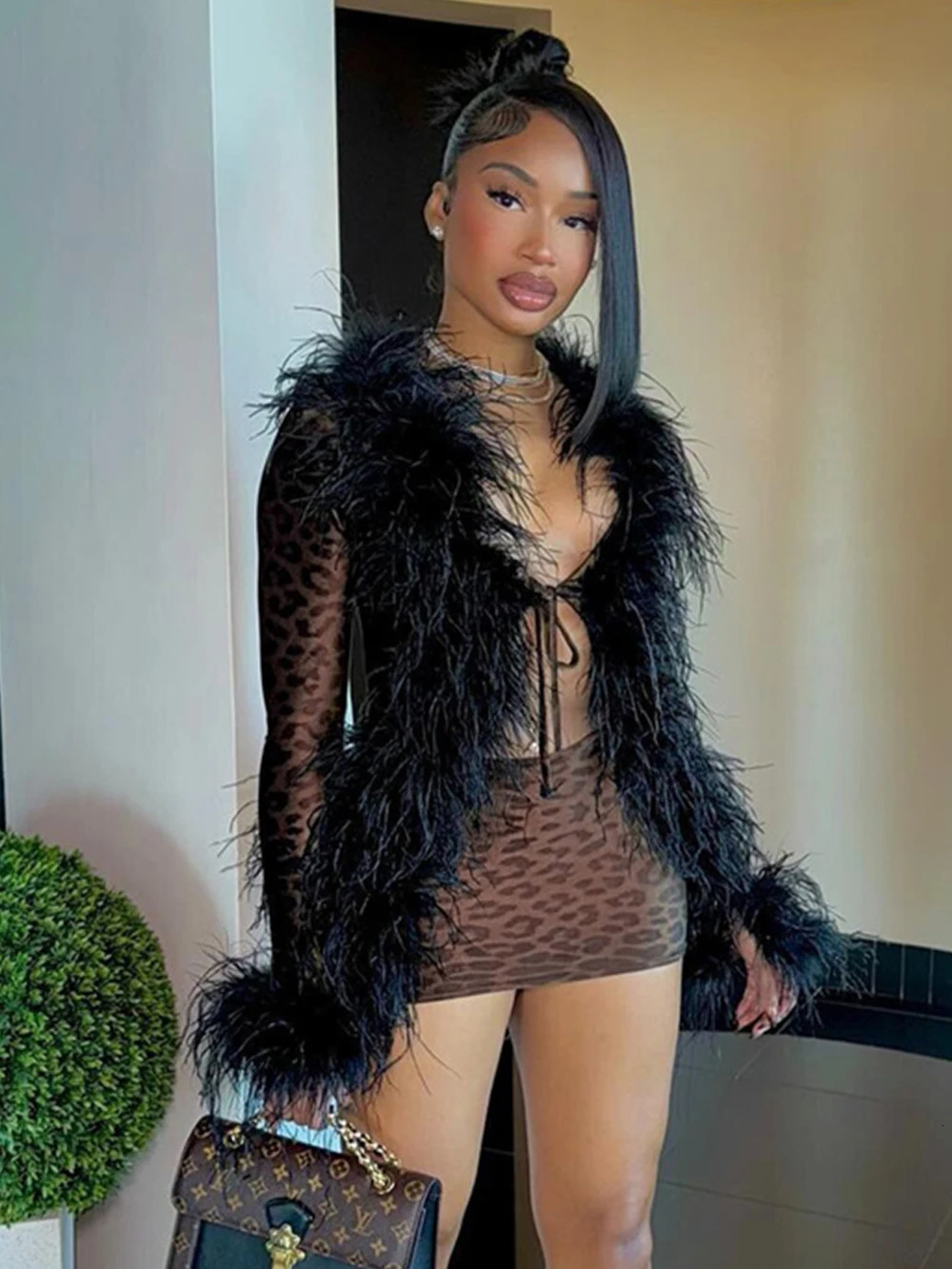 Weird Puss Leopard Print 2-piece sexy womens Y2k fur neck cardigan topmini skirt midnight club vacation set 250106