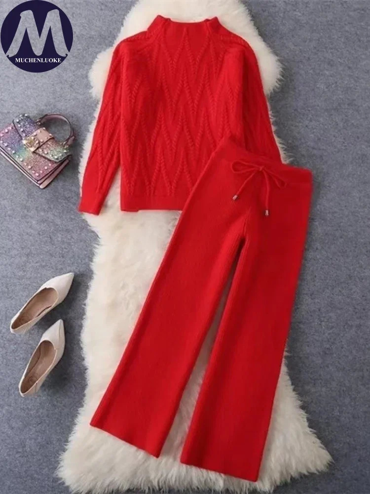 Womens 2-piece set autumn/winter Korean fashion O-neck knitted sweater top casual loose lace upper wide leg pants set 241230