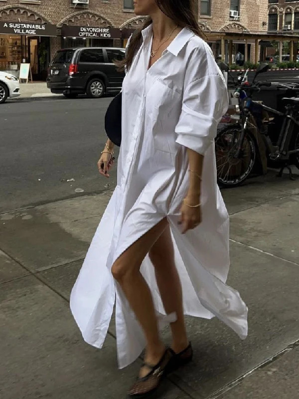 Krisstargirls White Maxi Dresses for Women Spring Summer Clothing Split-side Woman Simple Casual Buttoned Long Shirt Dress 250103