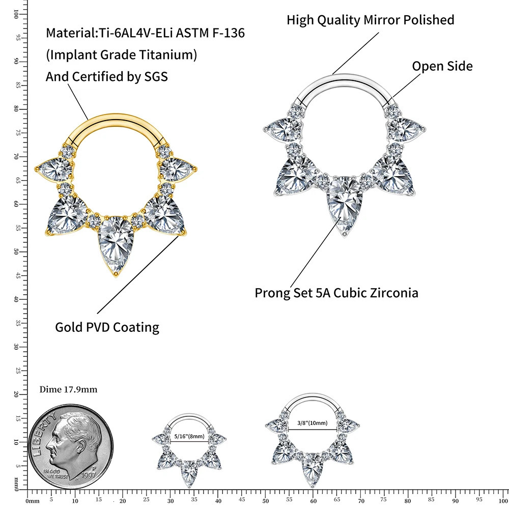 Right Grand ASTM F136 16G Pear CZ Hinged Clicker Segment Hoop Ring 8mm/10mm Hinged Daith Clicker Septum Nose Jewelry 250103
