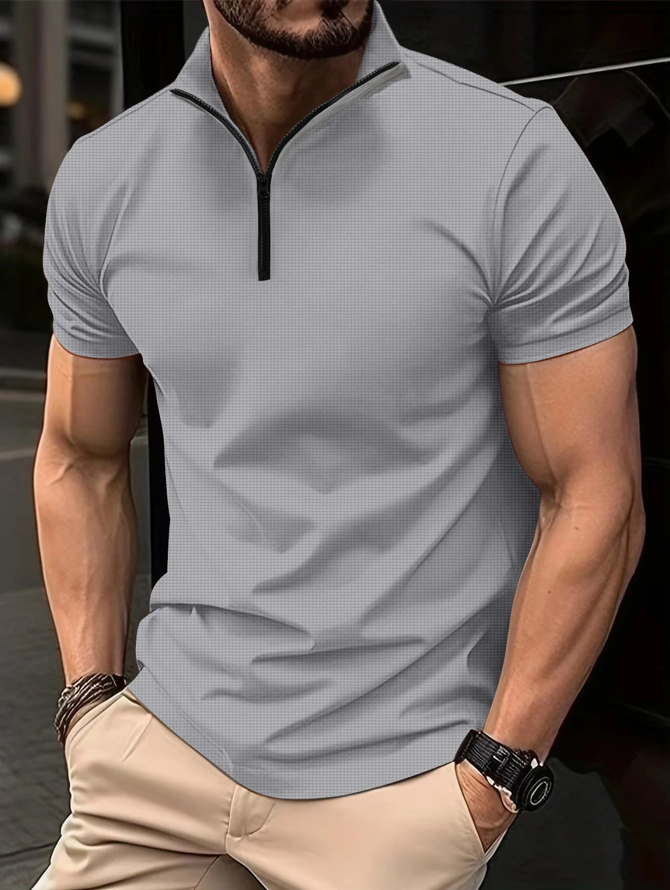 Summer Mens POLO Shirt Zipper Henley Collar Short-Sleeved T-Shirt Shirt Casual Sports solid Color Stand Collar Trend T-Shirt 241224