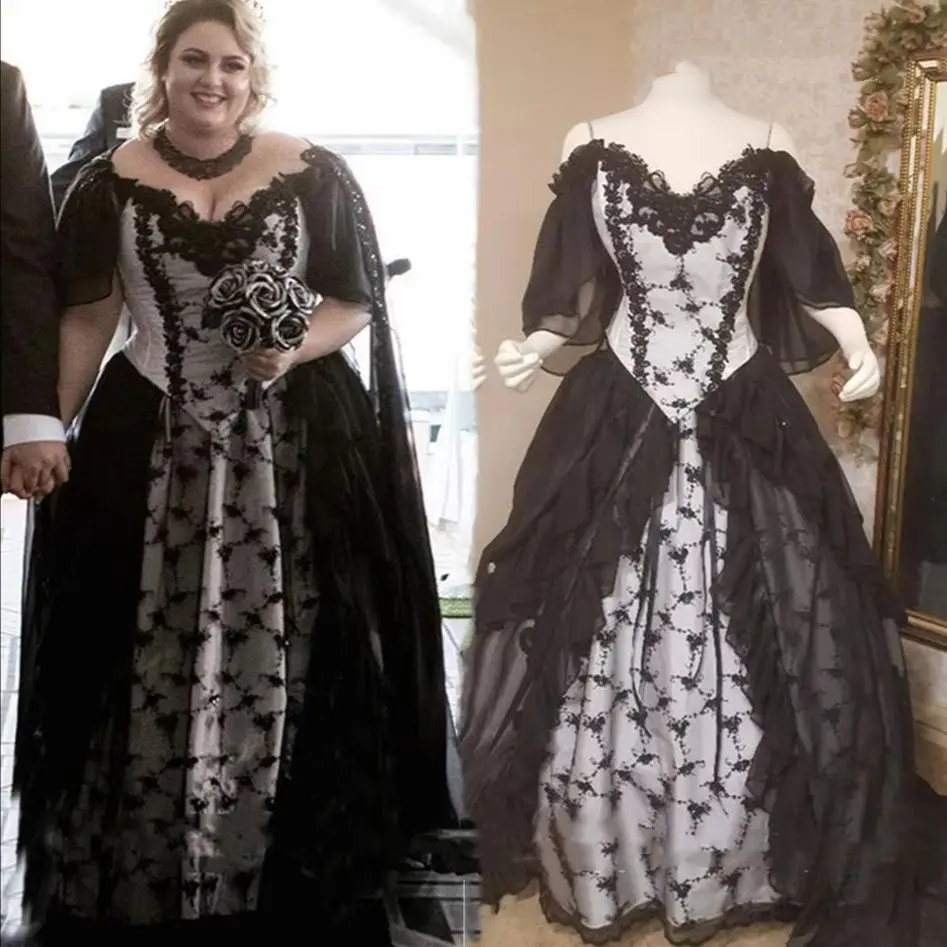 Vintage Black And White Wedding Dresses Lace Appliques Off Shoulder Gothic Bridal Gowns Court Train Ruffles Half Sleeves Vestido De Novia