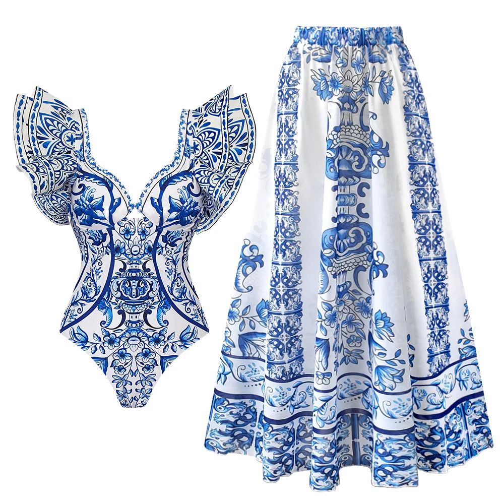 Sexy Ruffle One Piece Swimsuit Women Print Swimwear with Skirt Monokini Print Bathing Suits Swim Suit Wear Beachwear 250106