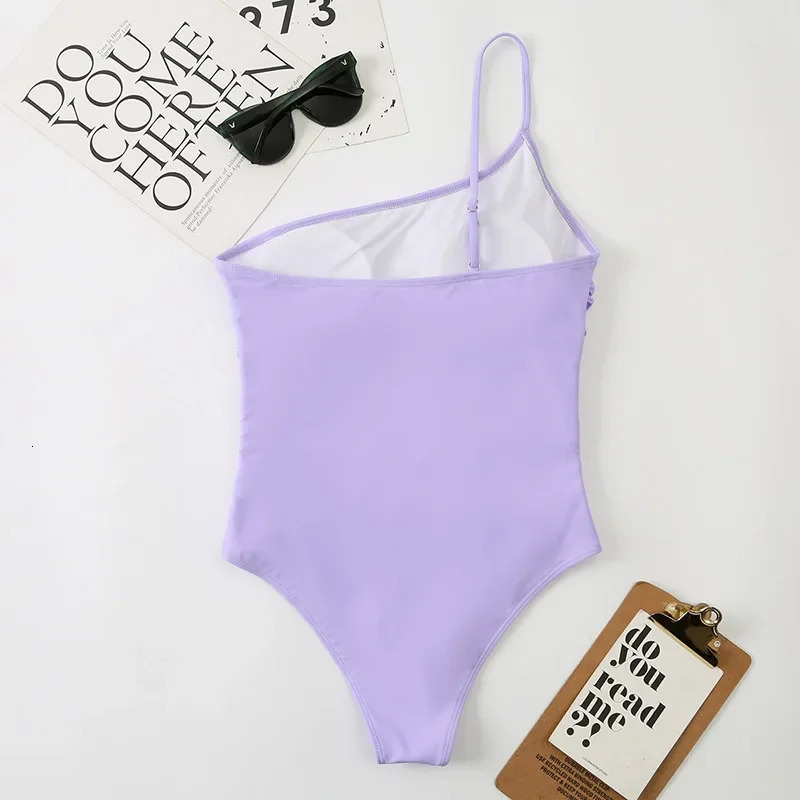 Sexy One Shoulder Piece Swimsuit Women Solid Black Neon Green Push Up Padded Bathing Suit Pleate Swimwear Monokini 250106