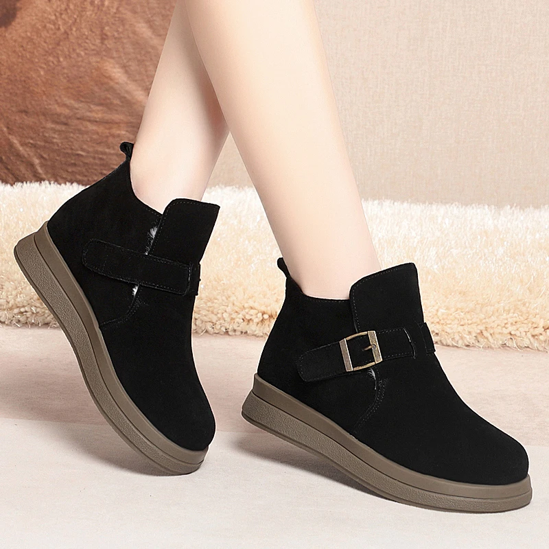 AIYUQI Women Winter Shoes Suede Genuine Leather Flat Natural Wool Warm Shoes Women Anti-Slip Women Shoes