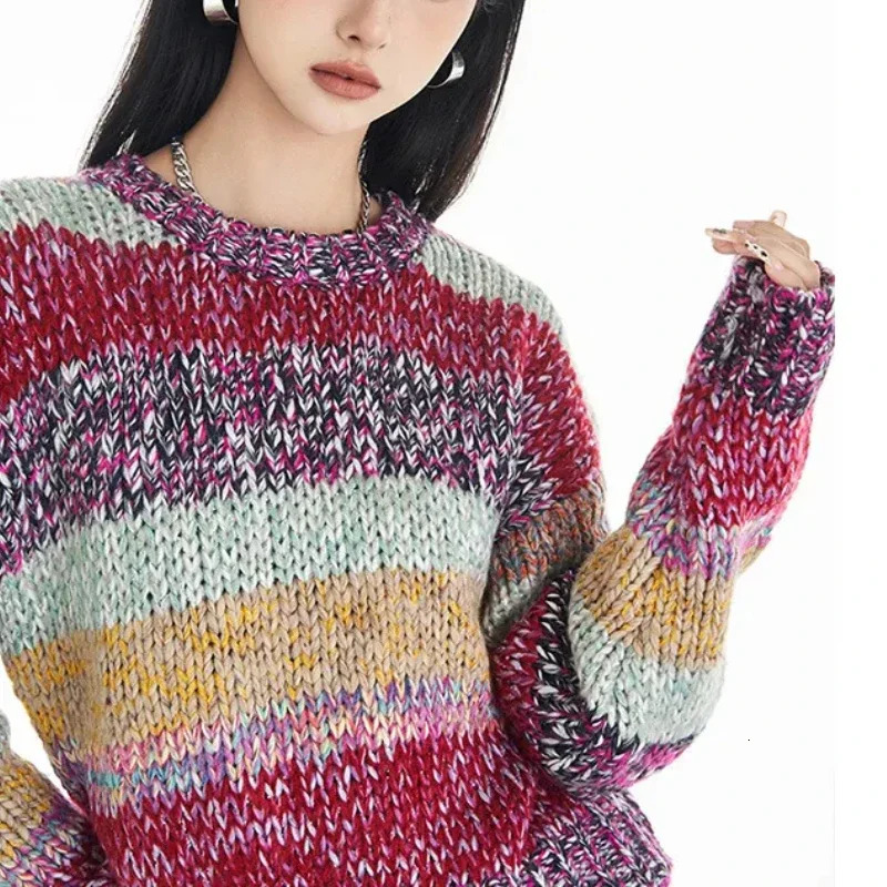 Striped Multi Color Sweater Knitted Crew Neck Jumper Drop Shoulder Rainbow Knitwear AutumnWinter Woman Clothing 250103