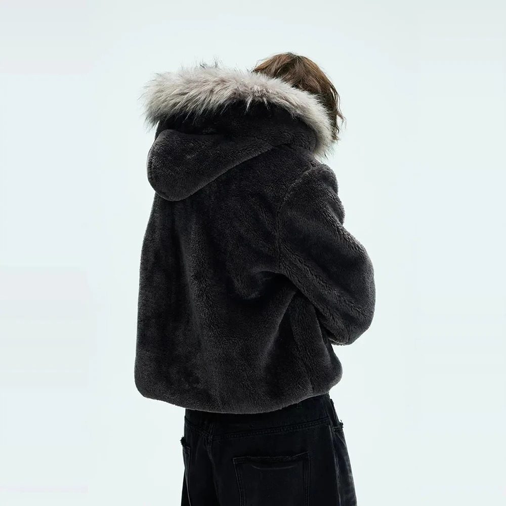 Mens Y2k Jacket Hooded Fur Thick Warm Neutral Coat Autumn Winter Fashion Casual Loose Trend AllMatch Sweater Clothing 241227