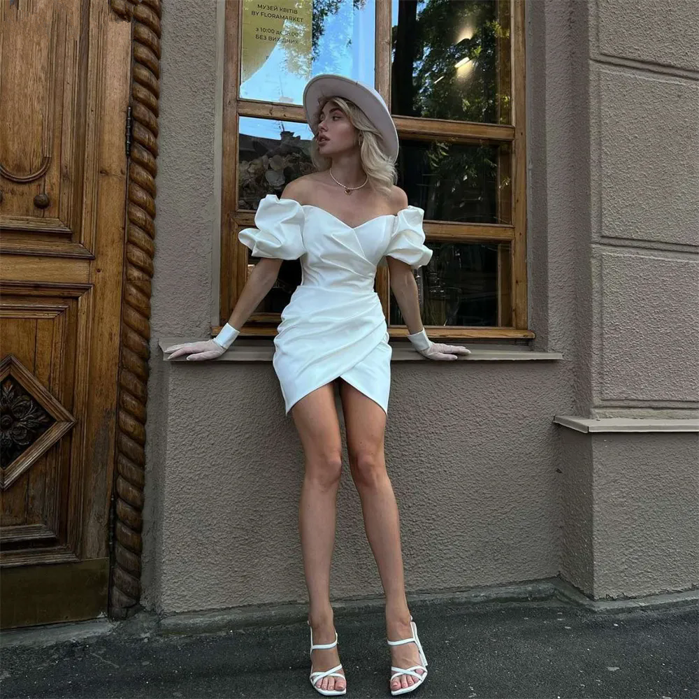 Elegant Short Wedding Dresses 2025 Puff Sleeve Sweetheart Open Back Satin Pleat Sheath Bridal Gown Above Knee Vestidos De Noiva