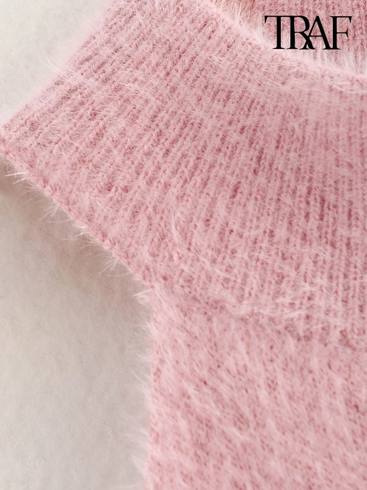 TRAF Womens Fashion Sweet Faux Pearl Embellished Pink Pullover French Sexy Sleeveless Strapless Design Slim Sweater Ladylike 250103