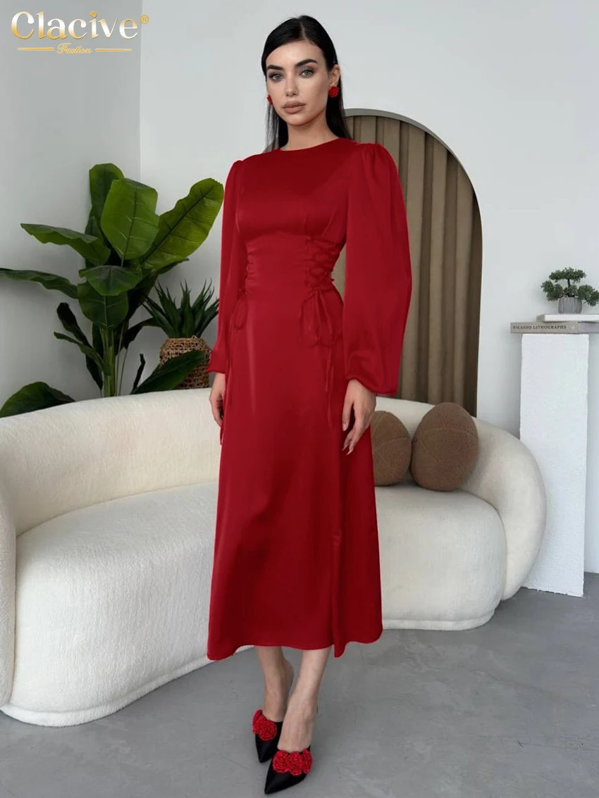 Clacive Fashion Ultra Thin Black Satin Womens Dress 2025 Bodycon O-Neck Long Sleeve Midi Dress Elegant Classic Bandage Womens Dress 250103