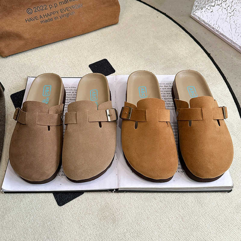 2025 slides slippers clogs British style thick soled slippers for women new spring and summer with toe cover and buckle strap for casual lazy shoes