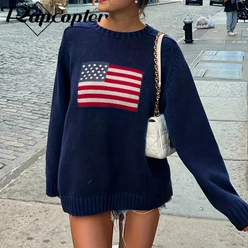 Rapcopter y2k Flag Print Sweaters Loose O Neck Full Sleeve Jumpers Autumn Winter Harajuku Casual Knitwear Pullovers Vintage 90s 250103