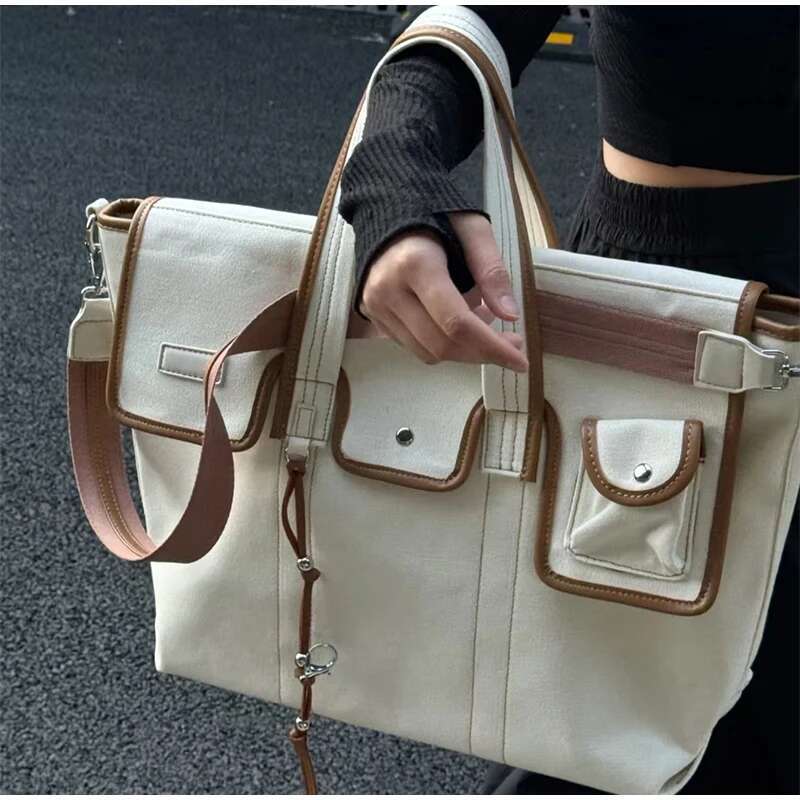 Niche Women's Large Capacity Canvas Fashion Trend Square Messenger Ladies Contrast Color Design Shoulder Bag 2025
