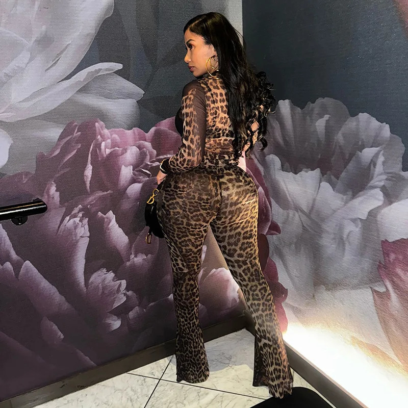 Cheetah Print Women 2 Piece Set Matching Long Sleeve O-Neck Crop Tees and High Waist Slim Pants Leopard Sets Sexy Female Outfits 250106
