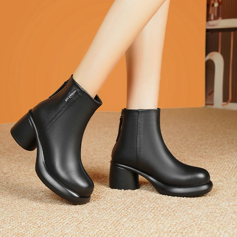 AIYUQI Women Ankle Boots Genuine Leather High Heel Women Dress Boots Retro Natural Wool Winter Boots Women