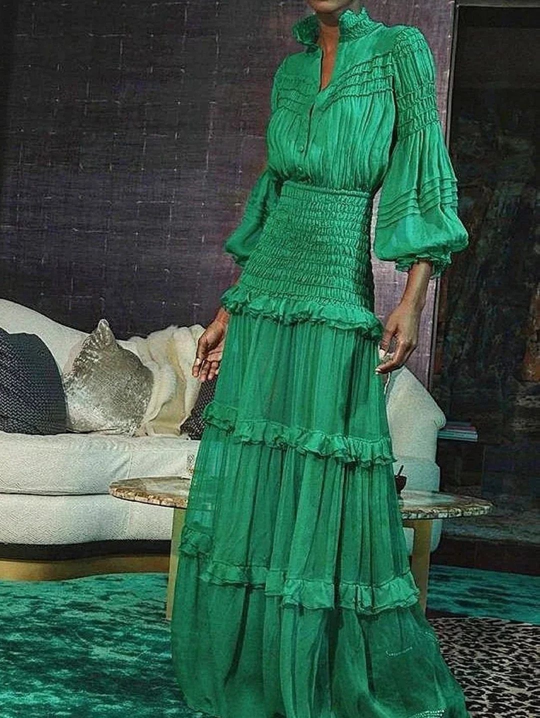 Elegant Long Dress Women Spring Autumn Stand Collar Lantern Sleeve Dress Female Ruffle Tiered Maxi Dress Vestidos Femmes 250103