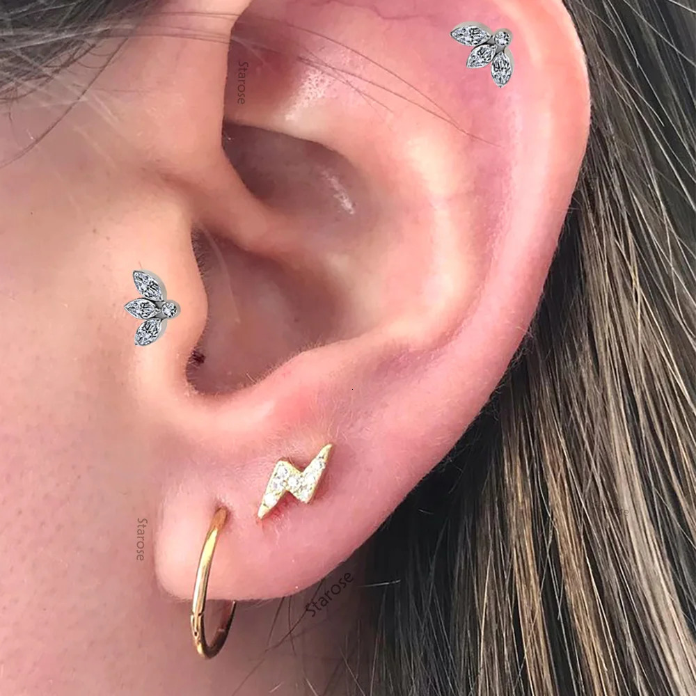 Implant Grade ASTM F-136 Cartilage Earrings Oval Crystal Bee Bat Tragus Helix Studs 16G Labret Bar Ear Piercing Jewelry 250103
